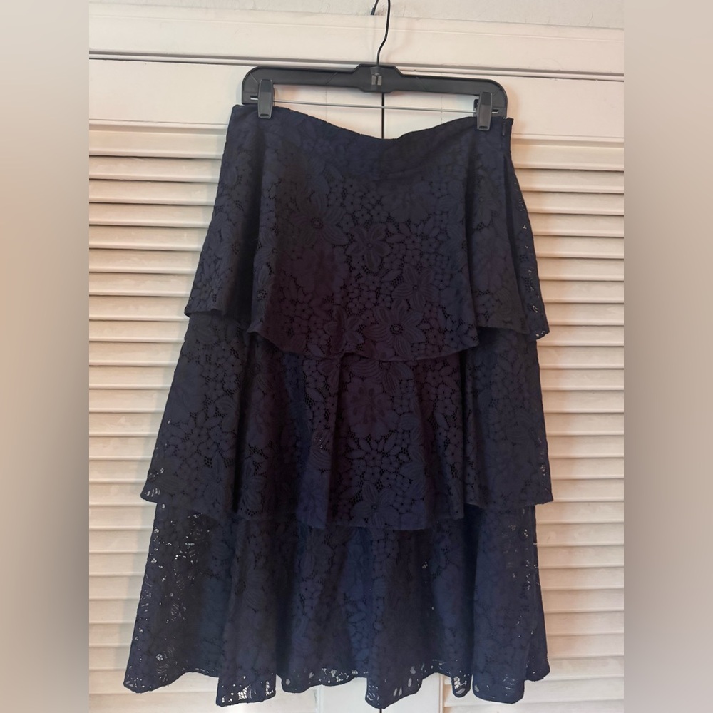 MINT ZARA WOMAN NAVY BLUE LACE VISCOSE & ELASTANE TIERED MIDI SKIRT SIZE LARGE